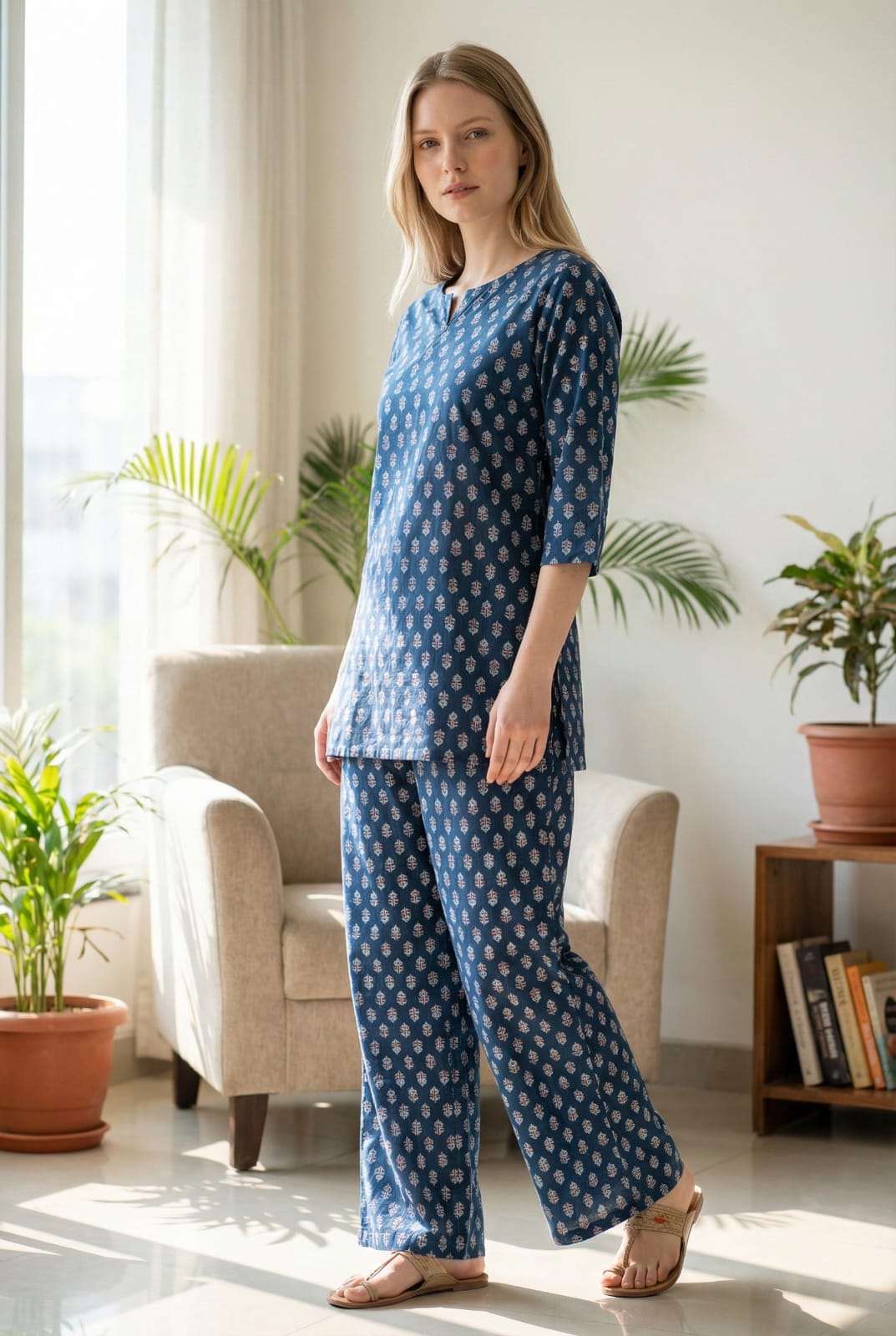 Navy Blue Printed Cotton Night Suit for Women | Comfortable Nightwear (MVNS55)