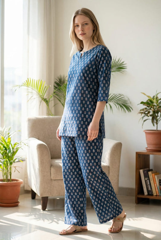 Navy Blue Printed Cotton Night Suit for Women | Comfortable Nightwear (MVNS55)