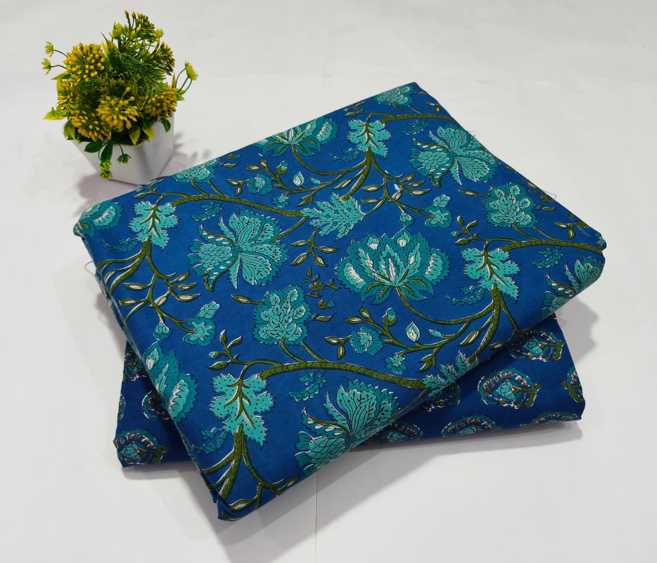 Blue Floral Printed Top & Bottom Suit Set – Elegant Cotton Suit Material (MVTB44)