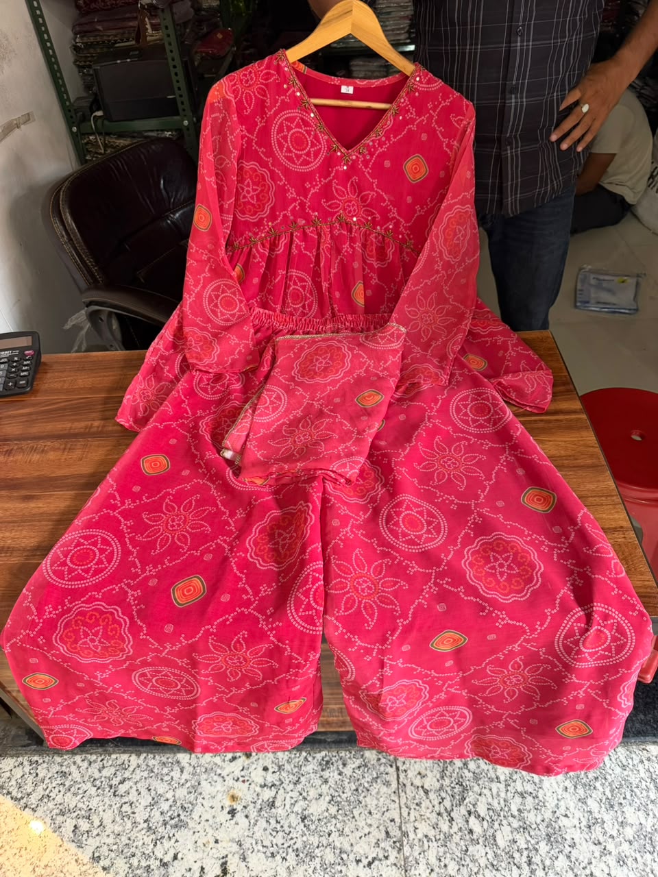 Rani Pink Bandhani Print Sharara Set | Pure Chiffon Kurti Sharara Dupatta with Mirror Work
