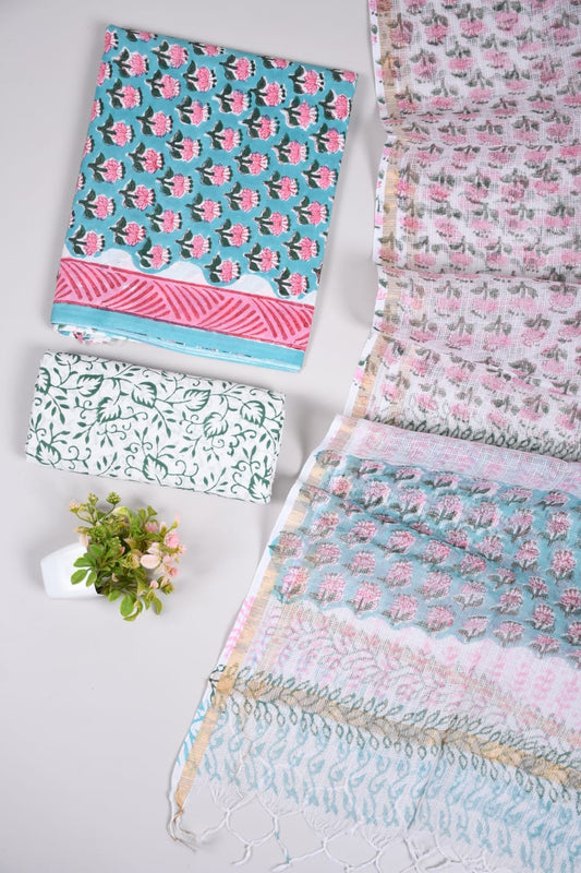 Sky Blue & Pink Floral Hand Block Printed Cotton Suit with Kota Doria Dupatta | Sanganeri Pigment Print (MVCOTKD03)
