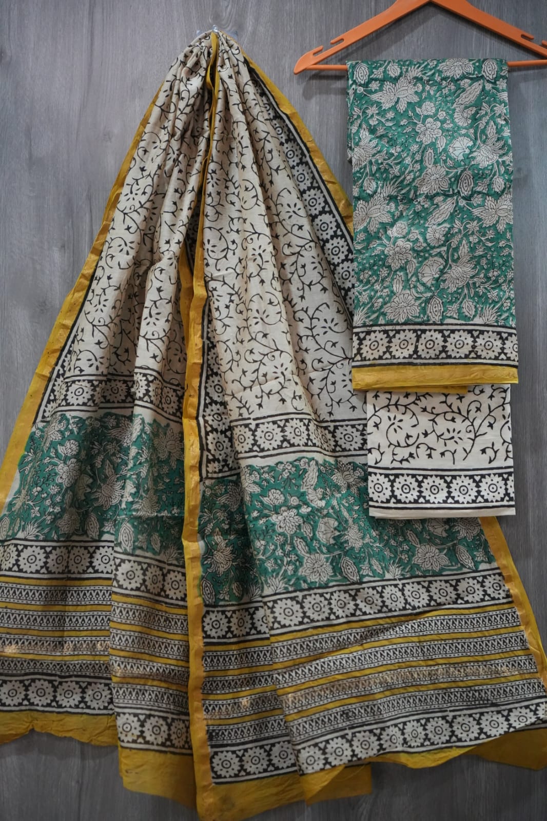 Teal Green & Cream Floral Arabesque Hand Block Print Chanderi Silk Dress Material (MVCHS44)