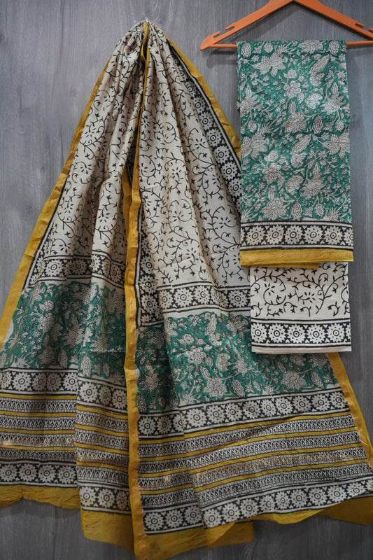 Teal Green & Cream Floral Arabesque Hand Block Print Chanderi Silk Dress Material (MVCHS44)