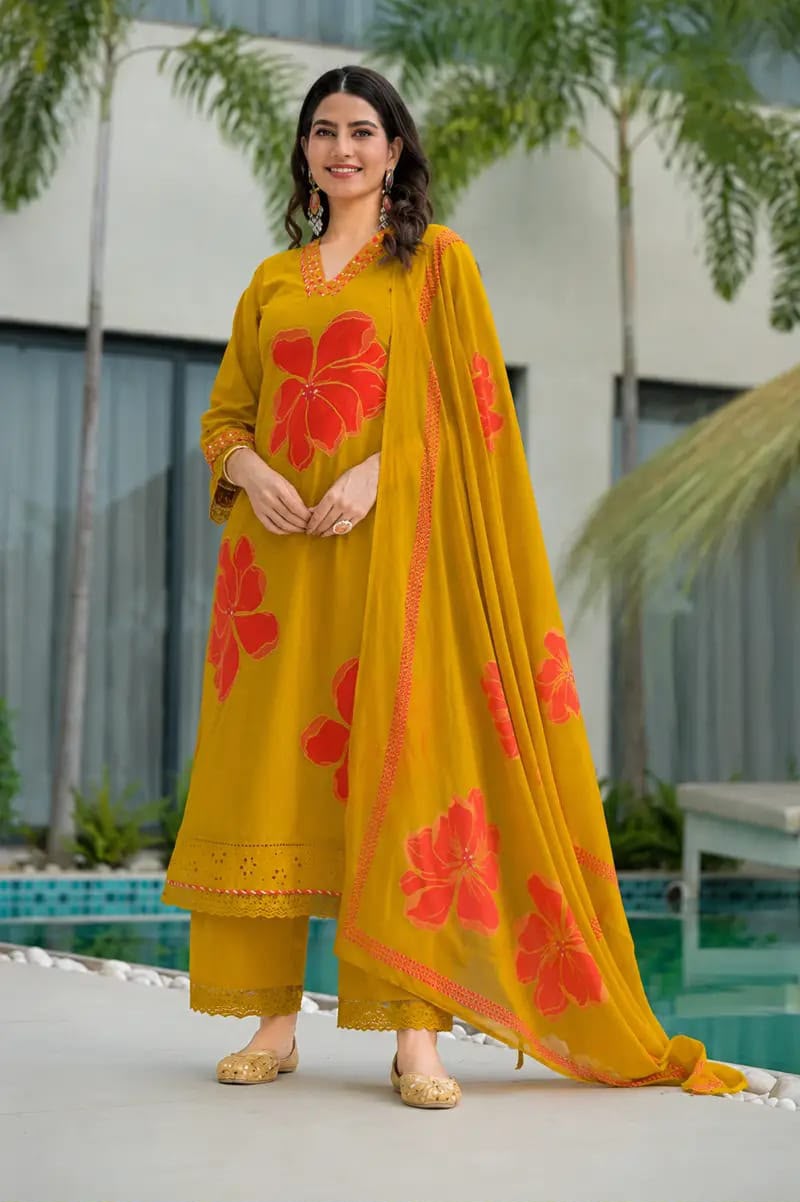 Mustard Yellow Pure Cotton Printed Kurti Pant Dupatta Set