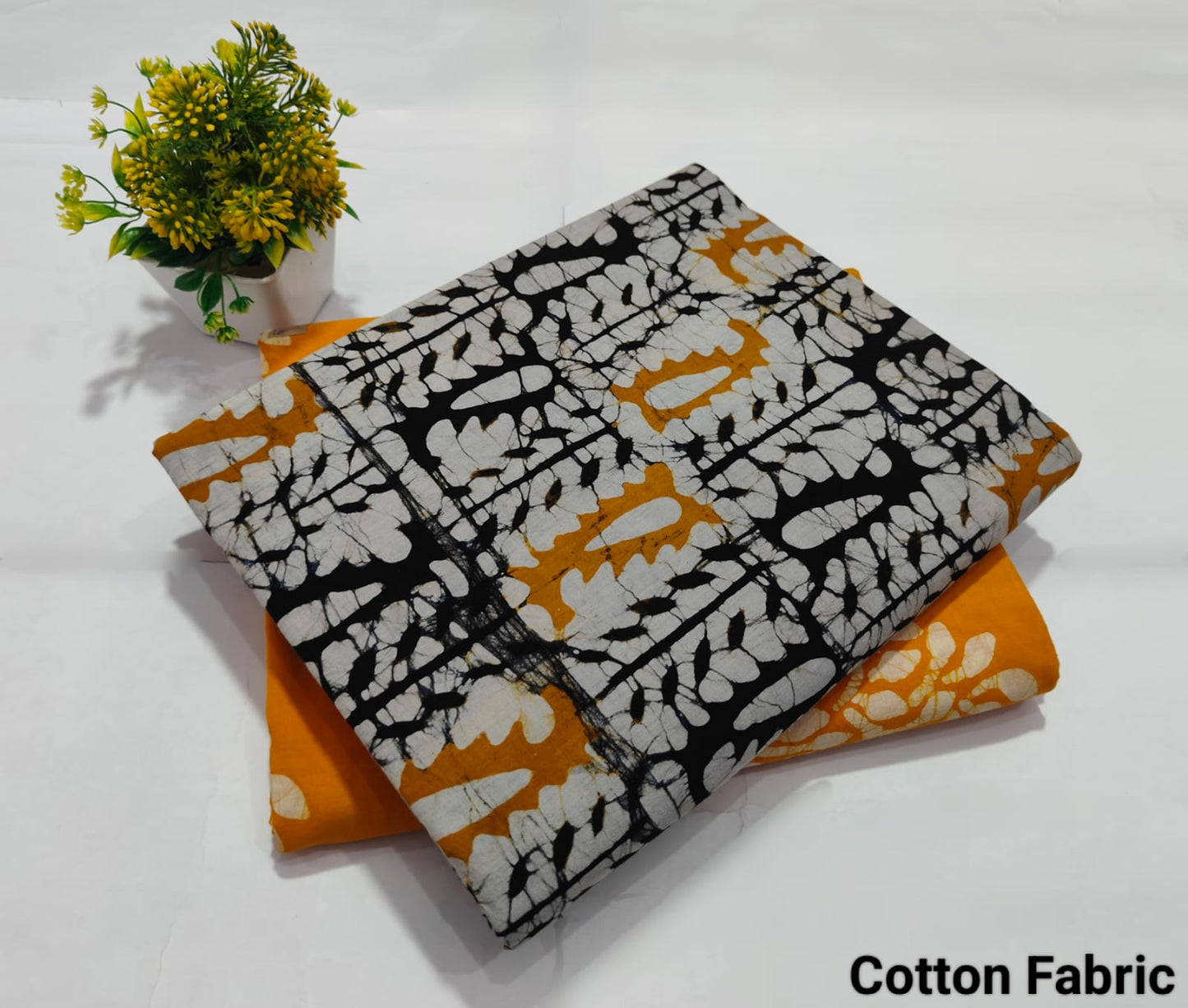 Mustard Black Tie Dye Cotton Fabric – Stylish Handblock Pattern Dress Material (MVTB104)