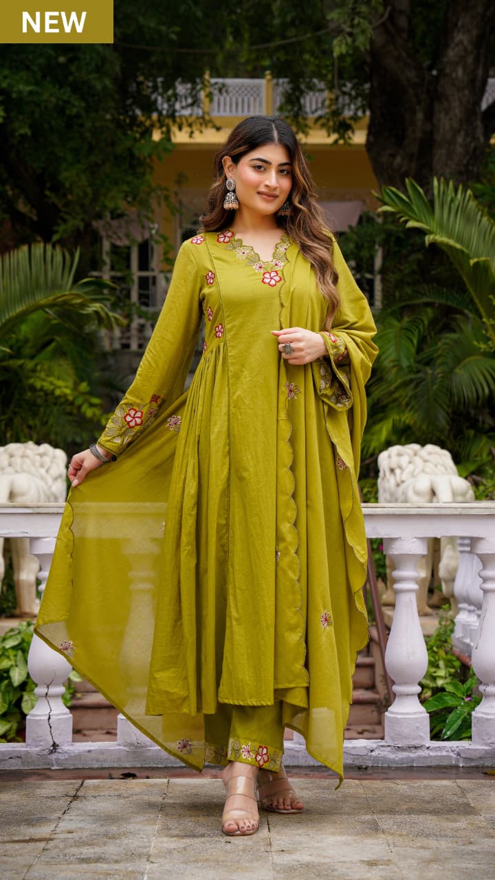 Mustard Yellow Anarkali Embroidered Kurta Pant Dupatta Set