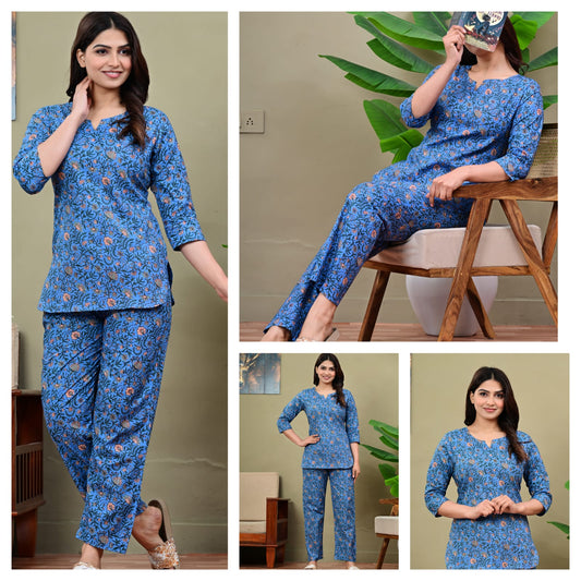 Blue Floral Cotton Night Suit for Women (MVNS14)