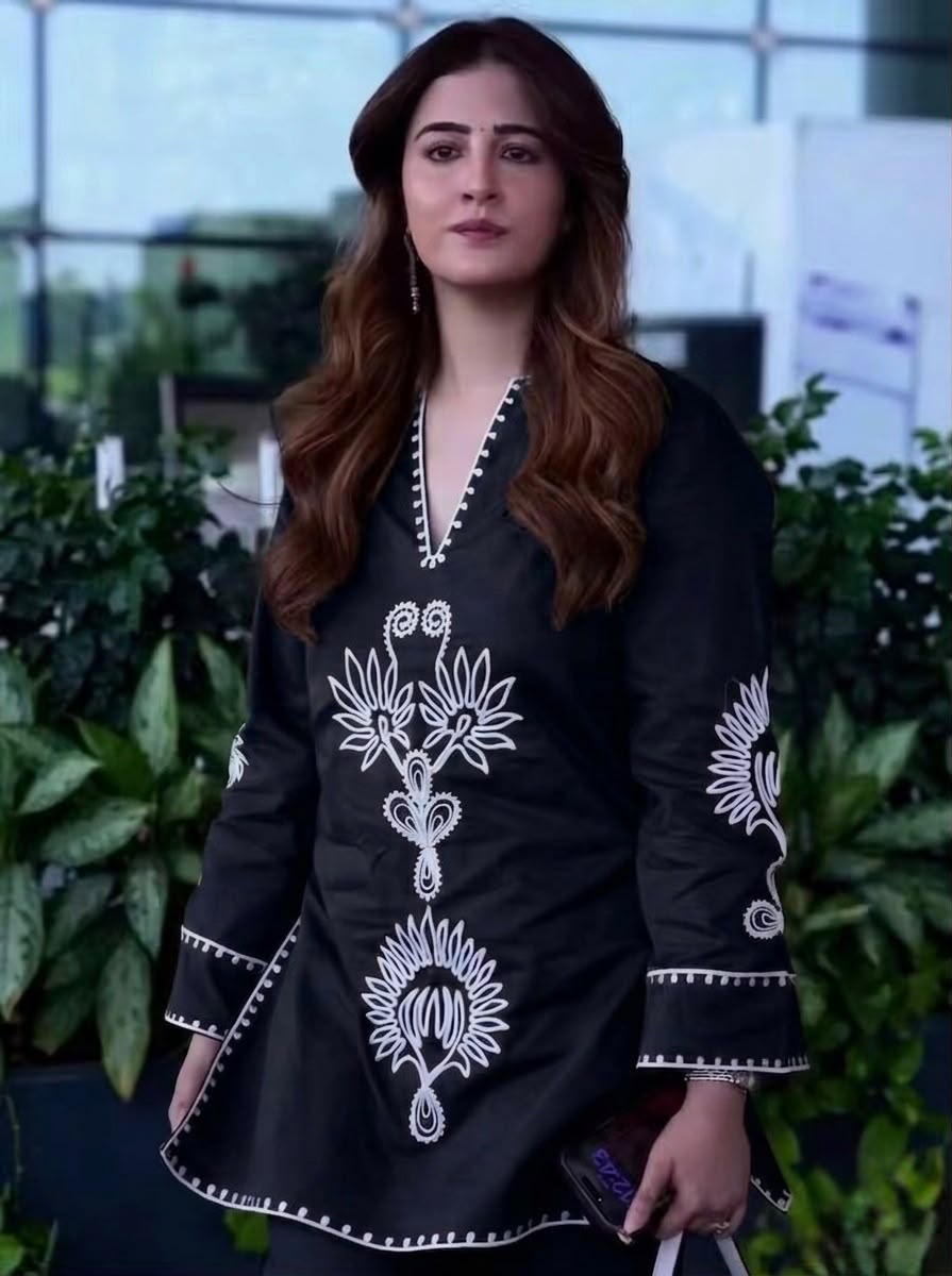 Black Pure Cotton Aari Work Co-ord Set | Embroidered Kurti with Pant