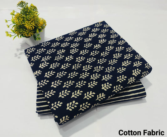 Navy Blue Leaf Cotton Fabric – Ethnic Printed Cotton Material (MVTB56)