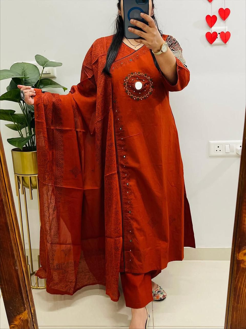 Classic Red Cotton Kurti Pant Dupatta Set for Women