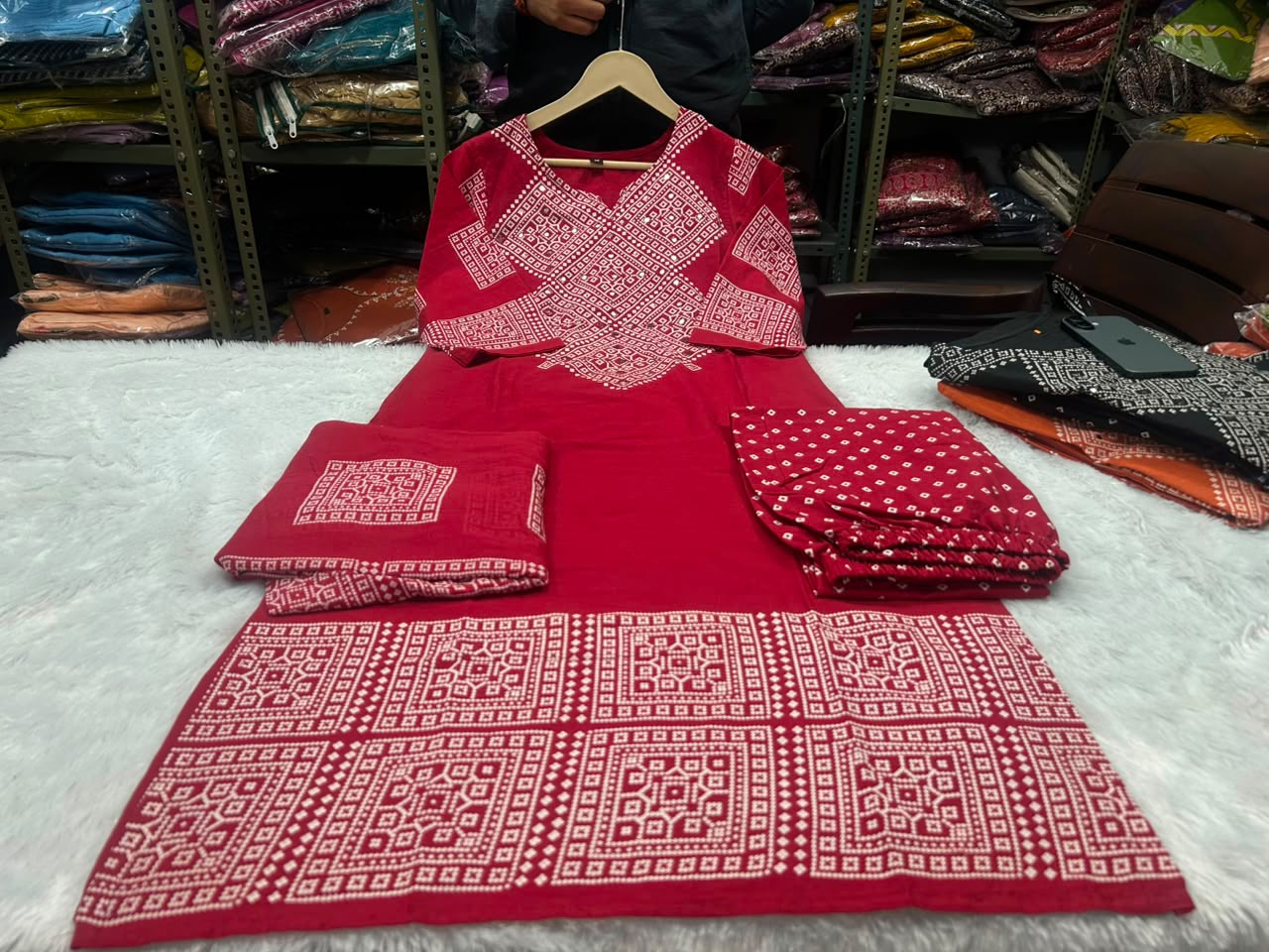 Red Bandhani Print Cotton Kurti Palazzo Dupatta Set