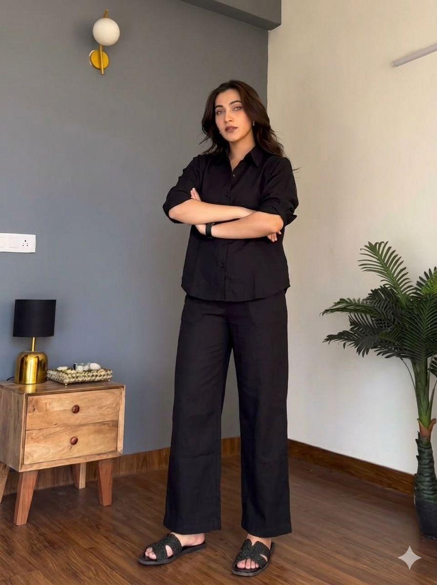 Black Pure Cotton Coord Set | Shirt & Wide Leg Pant