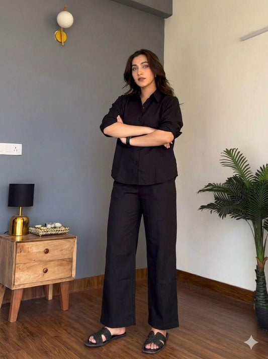 Black Pure Cotton Coord Set | Shirt & Wide Leg Pant