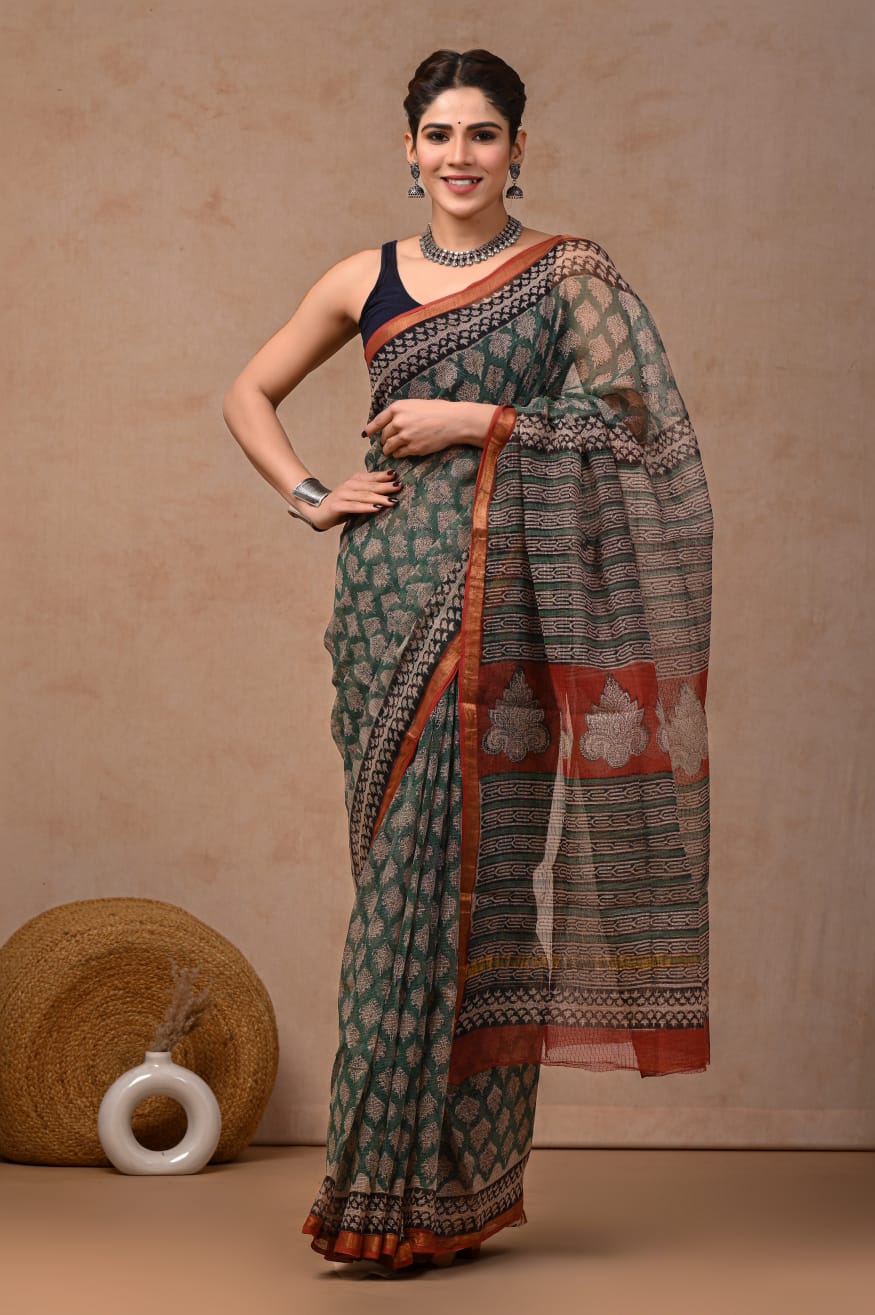 Bottle Green Rust Kota Doriya Saree | Pigment Hand Block Print | Traditional Saree (MVKS46)