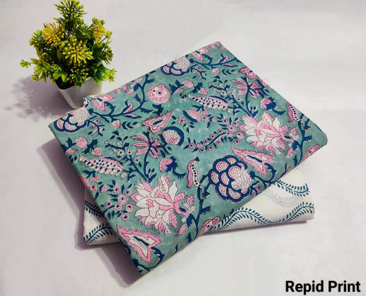 Teal Rapid Printed Top & Bottom Suit Set – Elegant Cotton Suit Material (MVTB30)