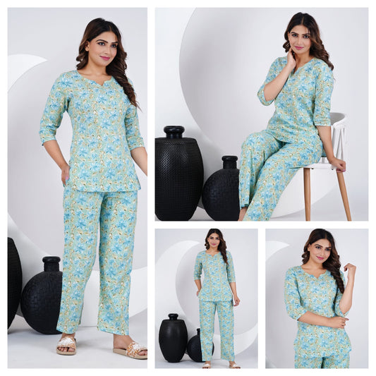 Sky Blue Floral Cotton Night Suit for Women (MVNS03)