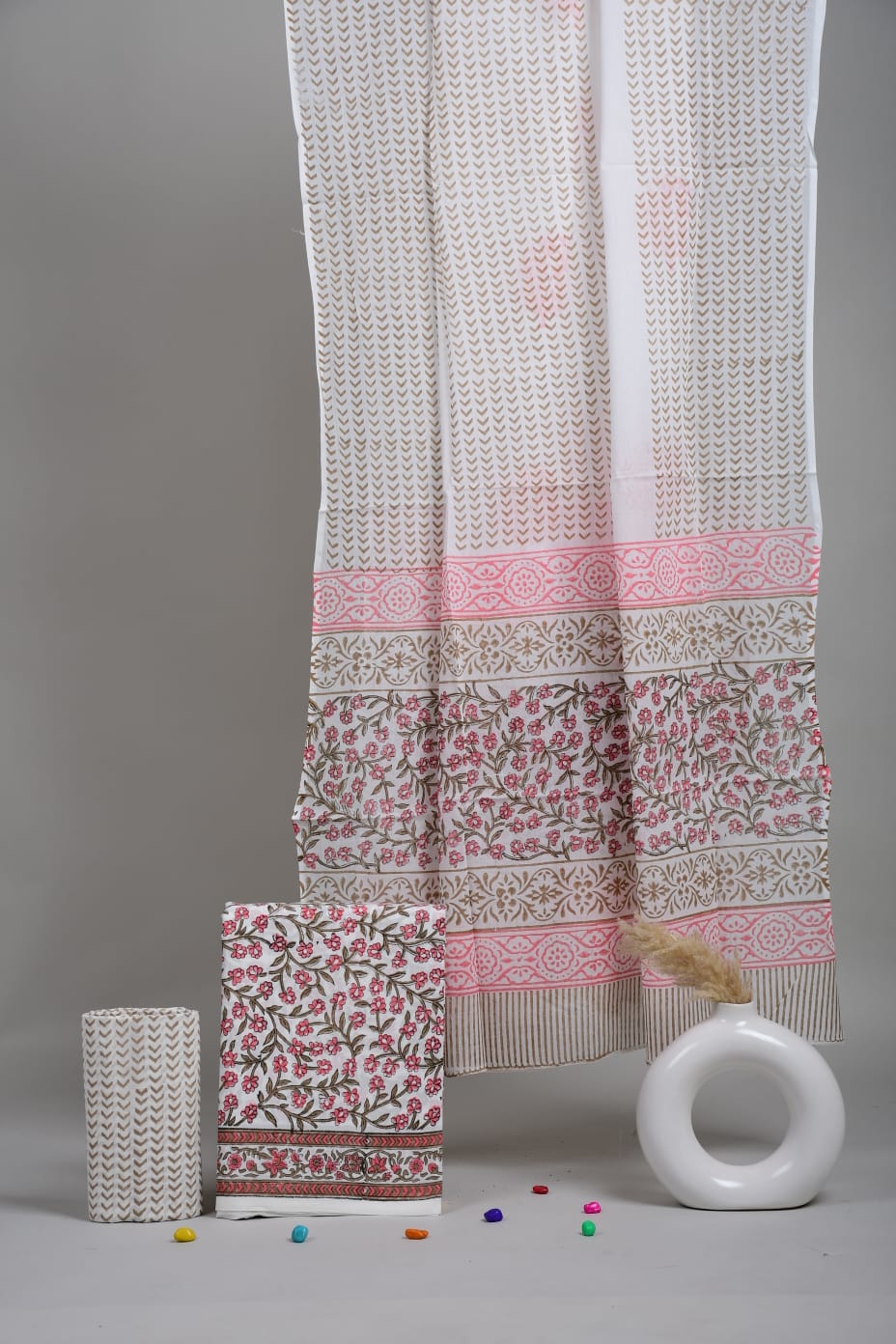 Elegant Hand Block Printed Cotton Suit – Pink Floral Edition  (MVCOT08)