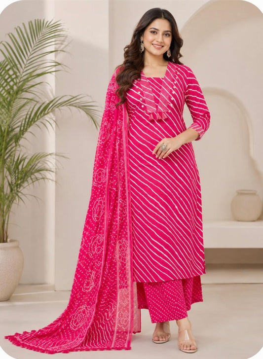 Rani Pink Lehariya Print Pure Cotton Suit Set |