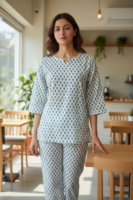 Cream Blue Printed Cotton Night Suit for Women | Soft Daily Wear (MVNS48)