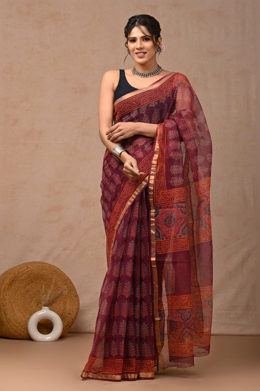 Deep Maroon Purple Kota Doriya Saree | Ajrak All-Over Hand Block Print (MVKS68)