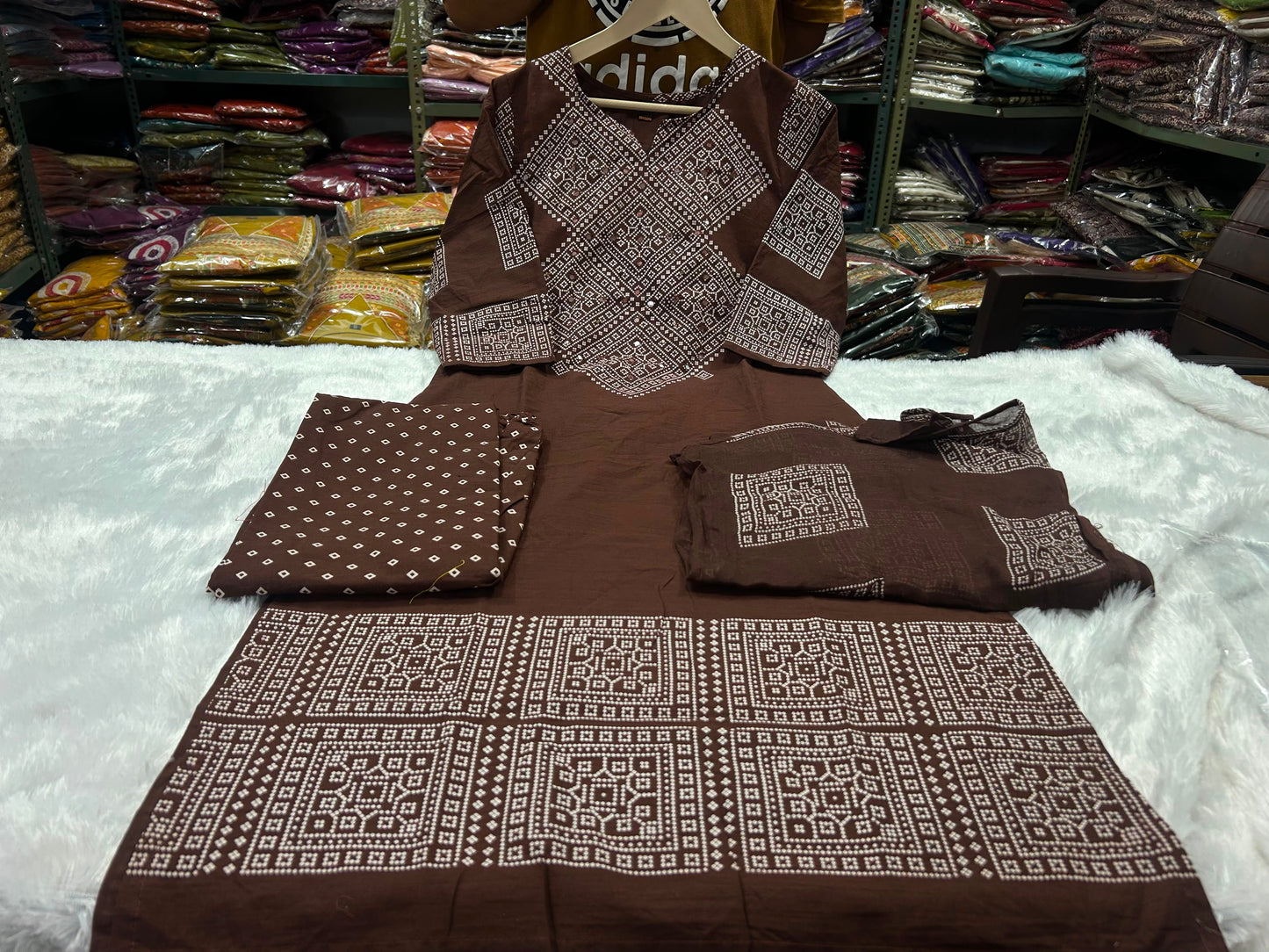Brown Bandhani Print Cotton Kurti Palazzo Dupatta Set