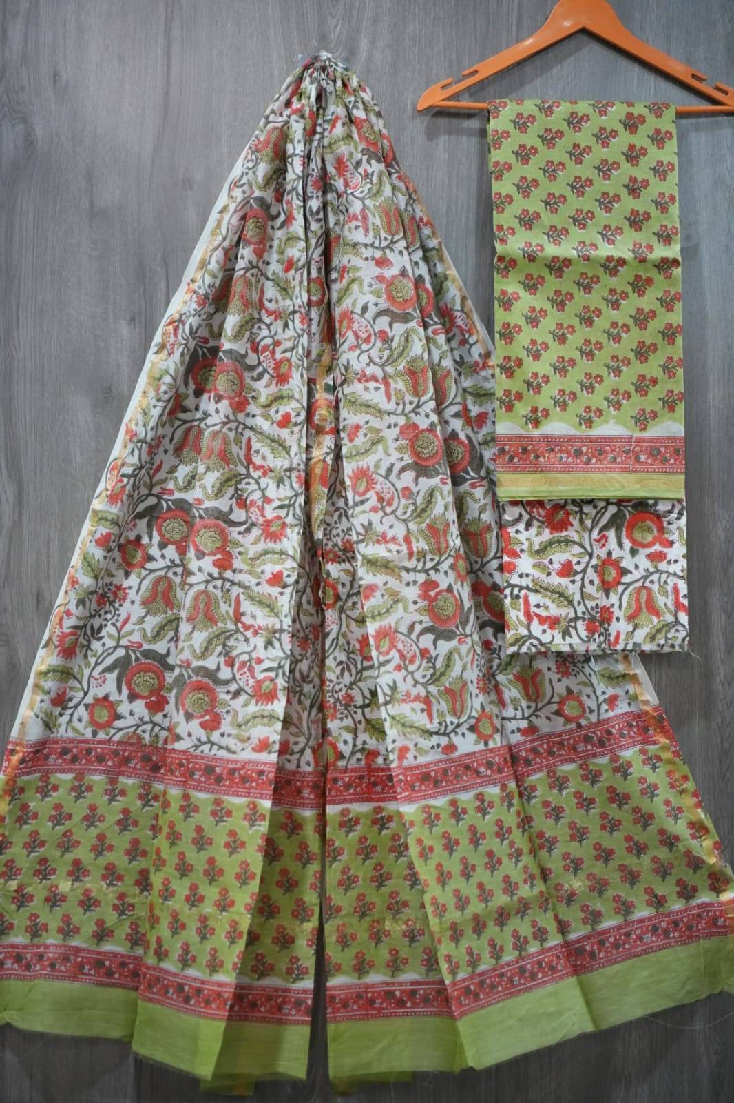 Lime Green & Red Floral Jaal Hand Block Print Chanderi Silk Dress Material (MVCHS43)