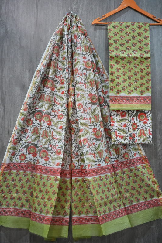 Lime Green & Red Floral Jaal Hand Block Print Chanderi Silk Dress Material (MVCHS43)