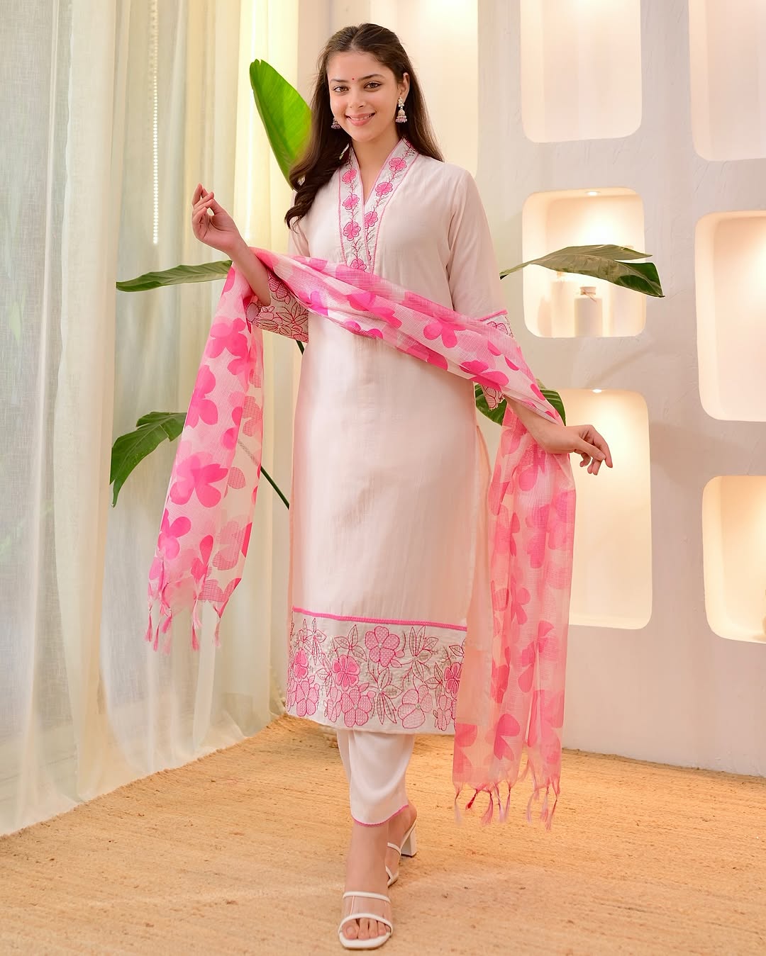 Off White Cotton Kurti Pant Dupatta Set with Pink Floral Embroidery for Women