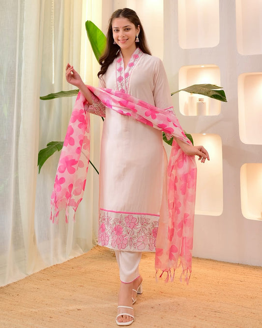 Off White Cotton Kurti Pant Dupatta Set with Pink Floral Embroidery for Women