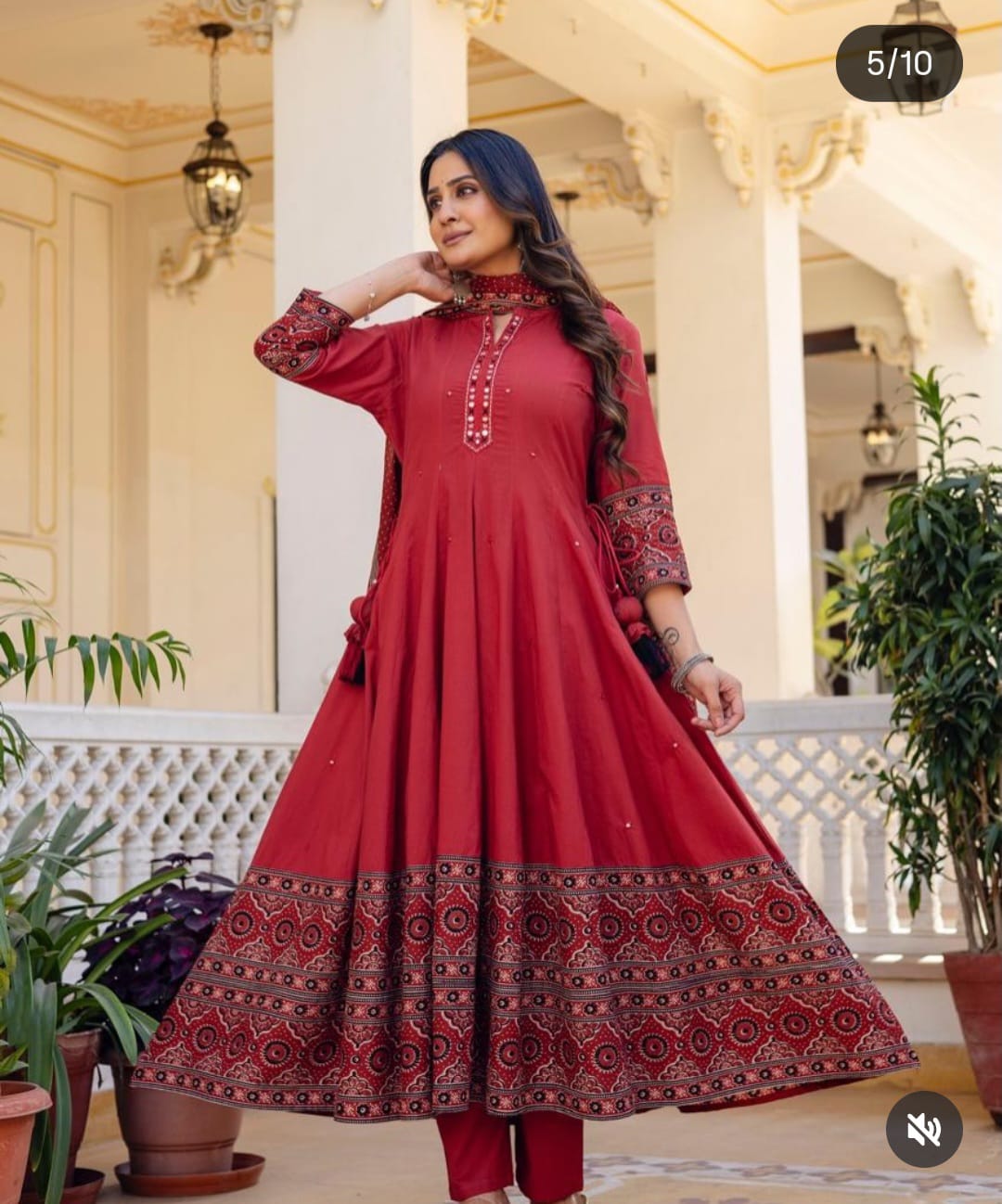 Red Premium Cotton Anarkali Dress | Mirror & Katha Thread Work | Hand Block Print Border