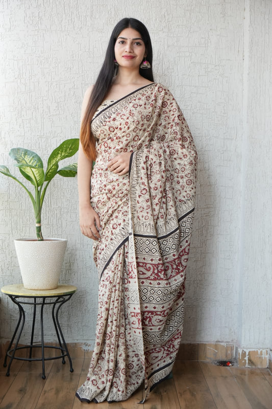 Cream Hand Block Printed Cotton Saree with Blouse (MVCS59)