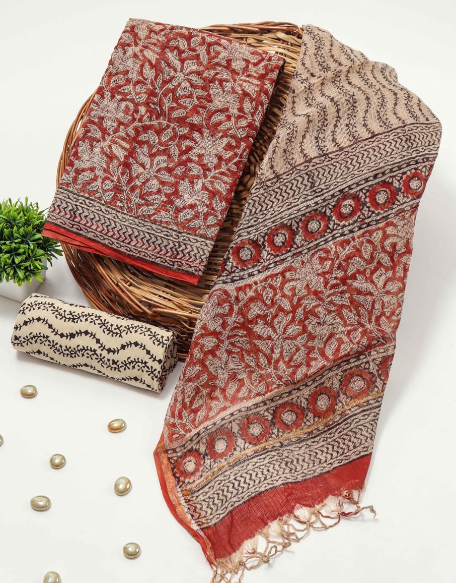 Red Beige Kota Doriya Suit Set with Dupatta (MVFKO51)