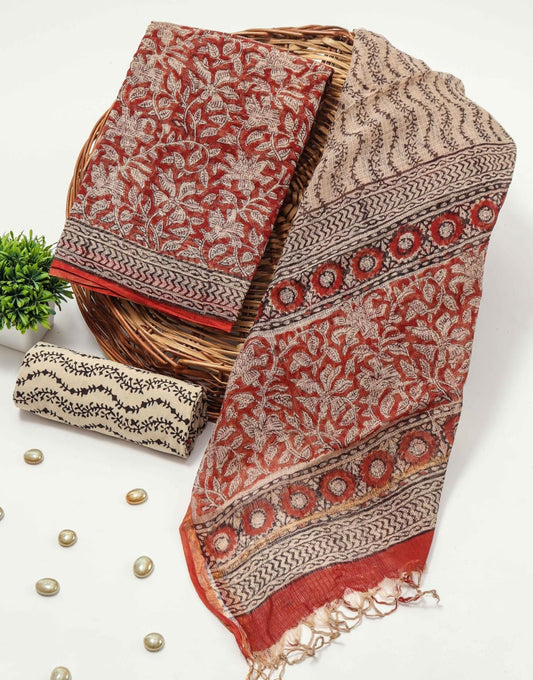 Red Beige Kota Doriya Suit Set with Dupatta (MVFKO51)