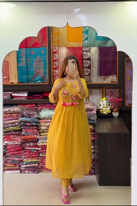 Yellow Embroidered A-Line Suit | Pure Cotton with Floral Dupatta