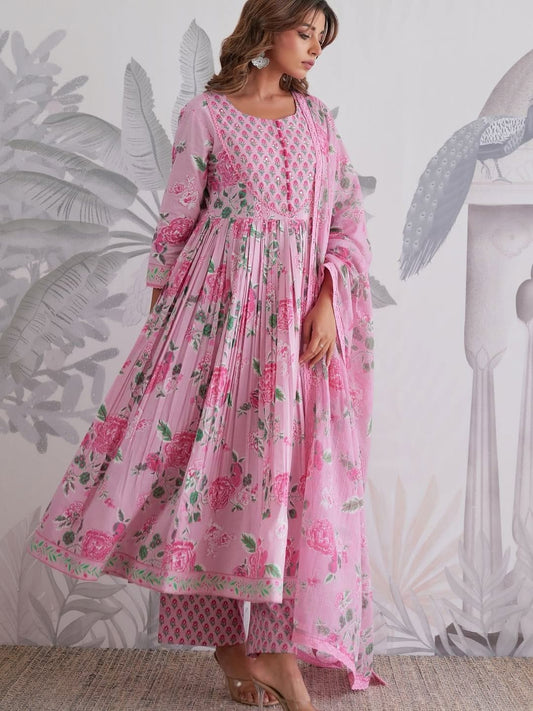 Pink Floral Printed Anarkali Suit Set for Women with Dupatta – Elegant Ethnic Party Wear