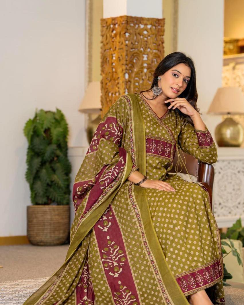 Mehendi Green Angrakha Style Cotton Kurta Set with Dupatta