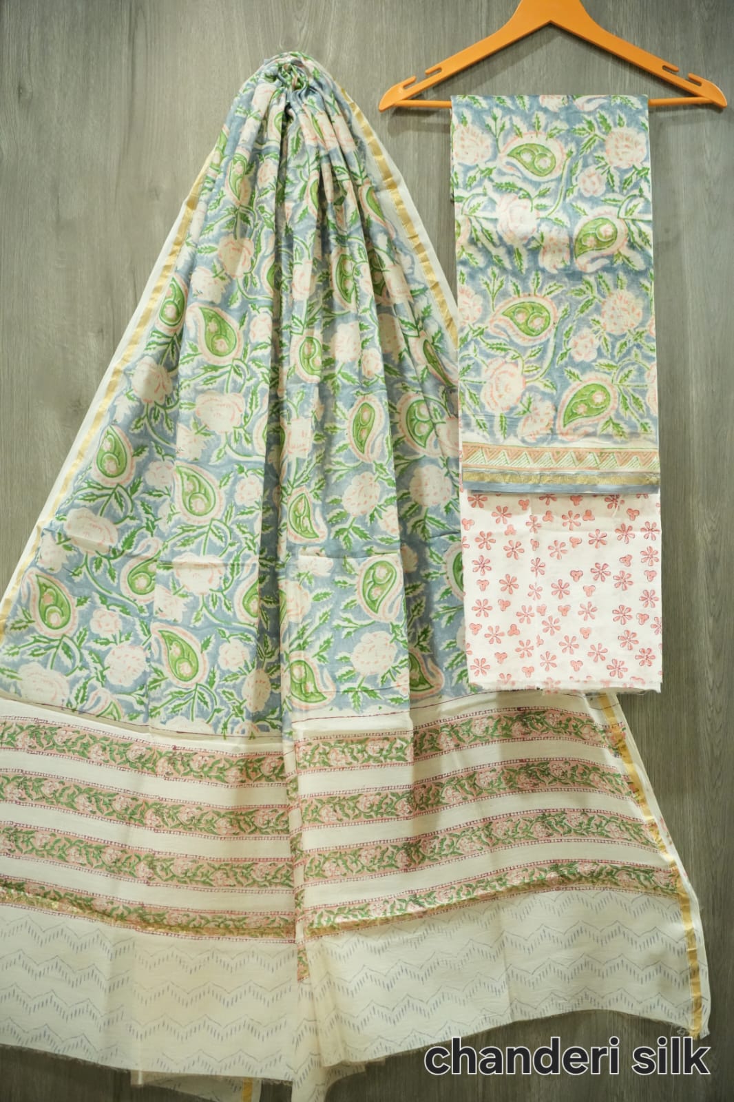 Sky Blue & Pink Paisley Floral Hand Block Print Chanderi Silk Dress Material (MVCHS33)