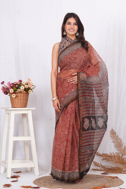 Rust Brick Red Kota Doriya Saree | Bagru Floral Hand Block Print | Natural Dye | Traditional Print (MVKS54)