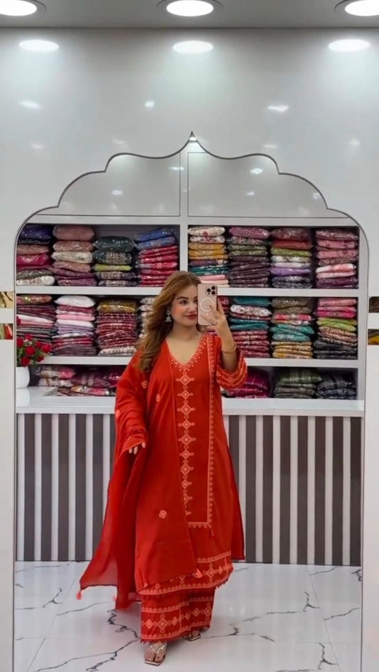 Rust Orange Chikankari Embroidered Cotton Suit Set for Women