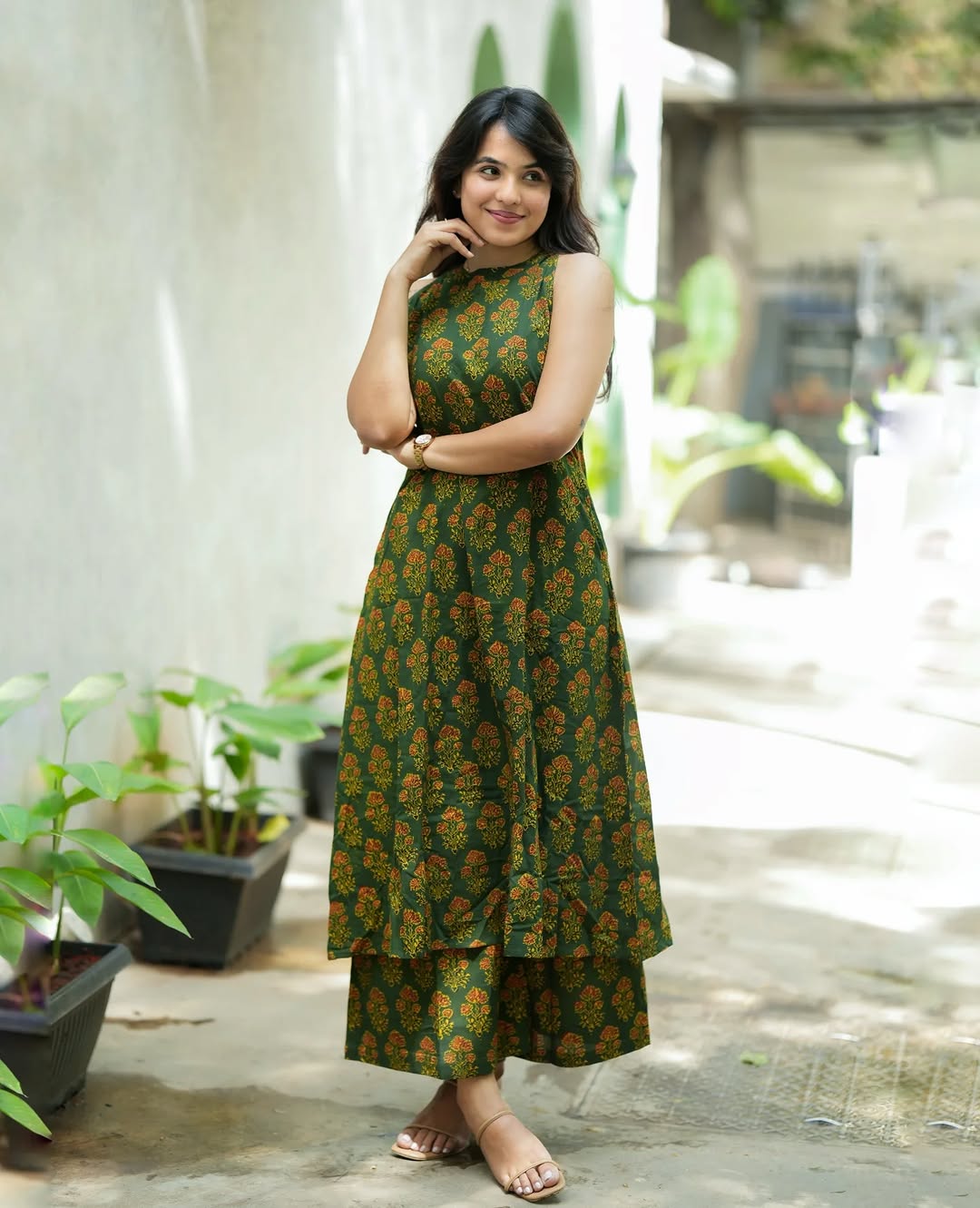 Olive Green Floral Cotton Kurta Palazzo Set | Premium A-Line Halter Neck Outfit