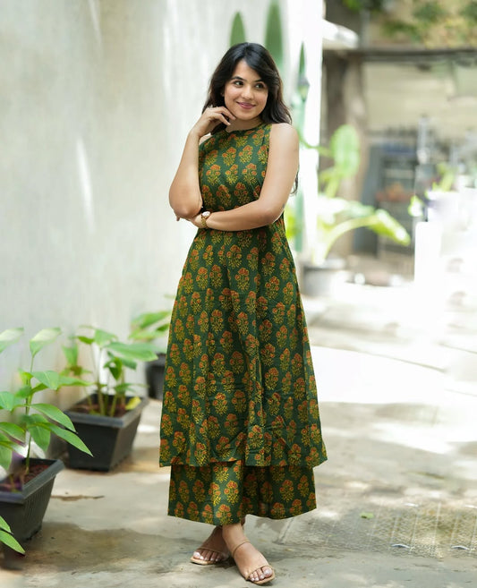 Olive Green Floral Cotton Kurta Palazzo Set | Premium A-Line Halter Neck Outfit