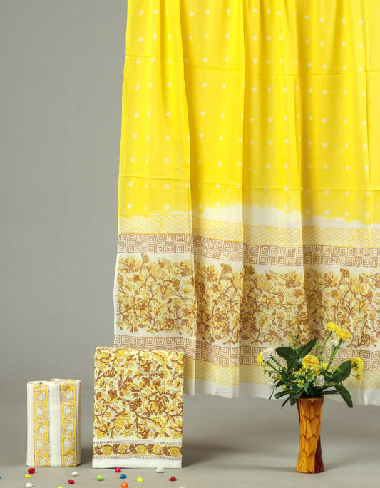 Yellow Ethnic Printed Cotton Unstitched Suit Set with Dupatta (MVCOT67)