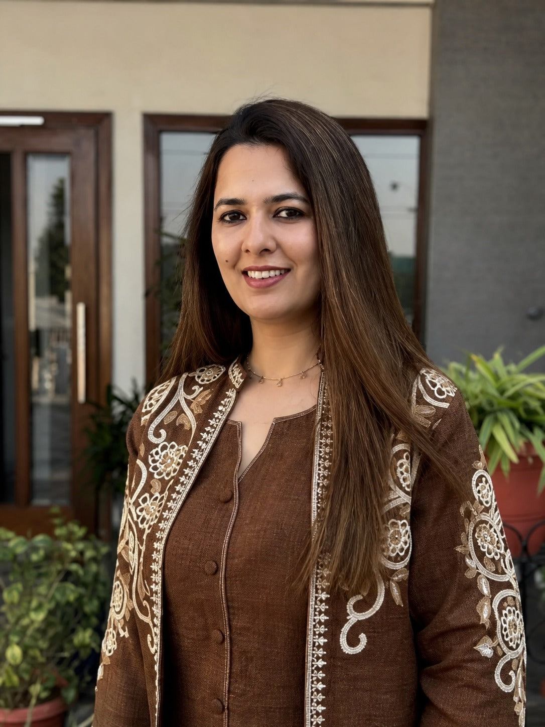 Brown Cotton Flex 3-Piece Embroidered Jacket Set