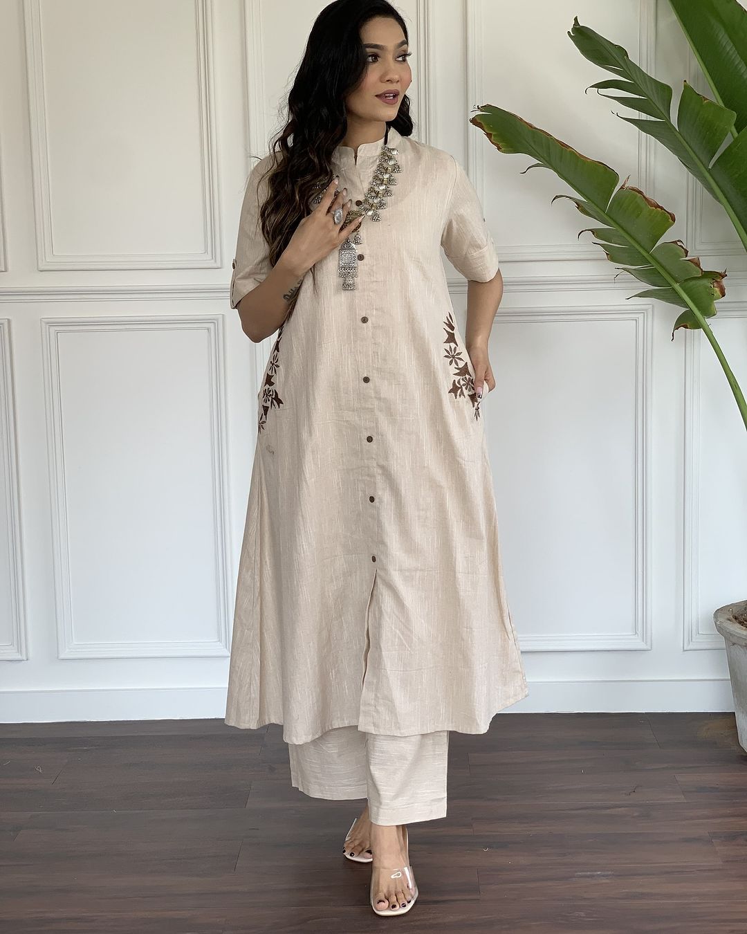 Premium Beige South Cotton Kurta Set | Hand Embroidered A-Line Cotton Kurta with Plazo