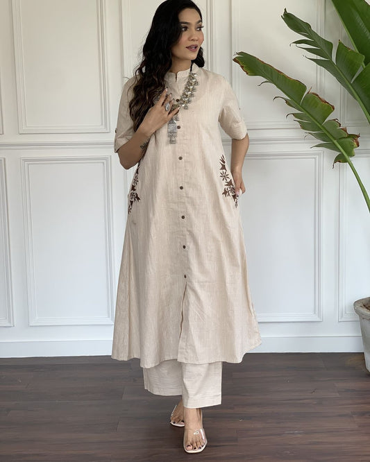 Premium Beige South Cotton Kurta Set | Hand Embroidered A-Line Cotton Kurta with Plazo
