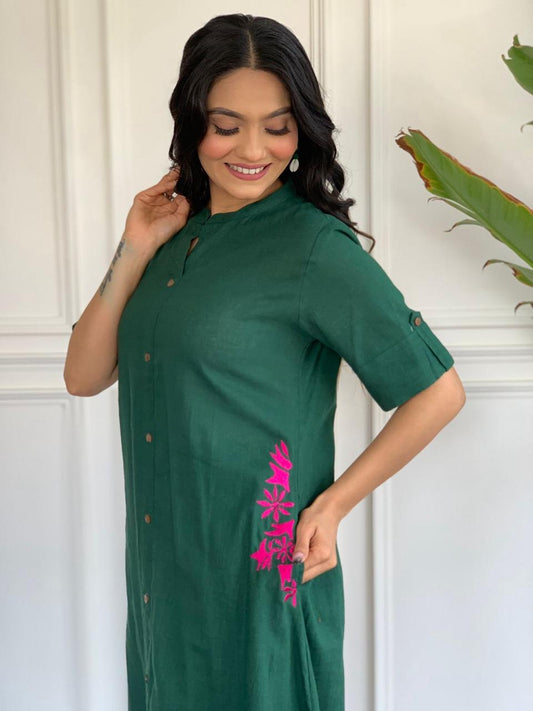 Dark Green South Cotton Kurta Set with Hand Embroidery | Premium A-Line Cotton Plazo Set
