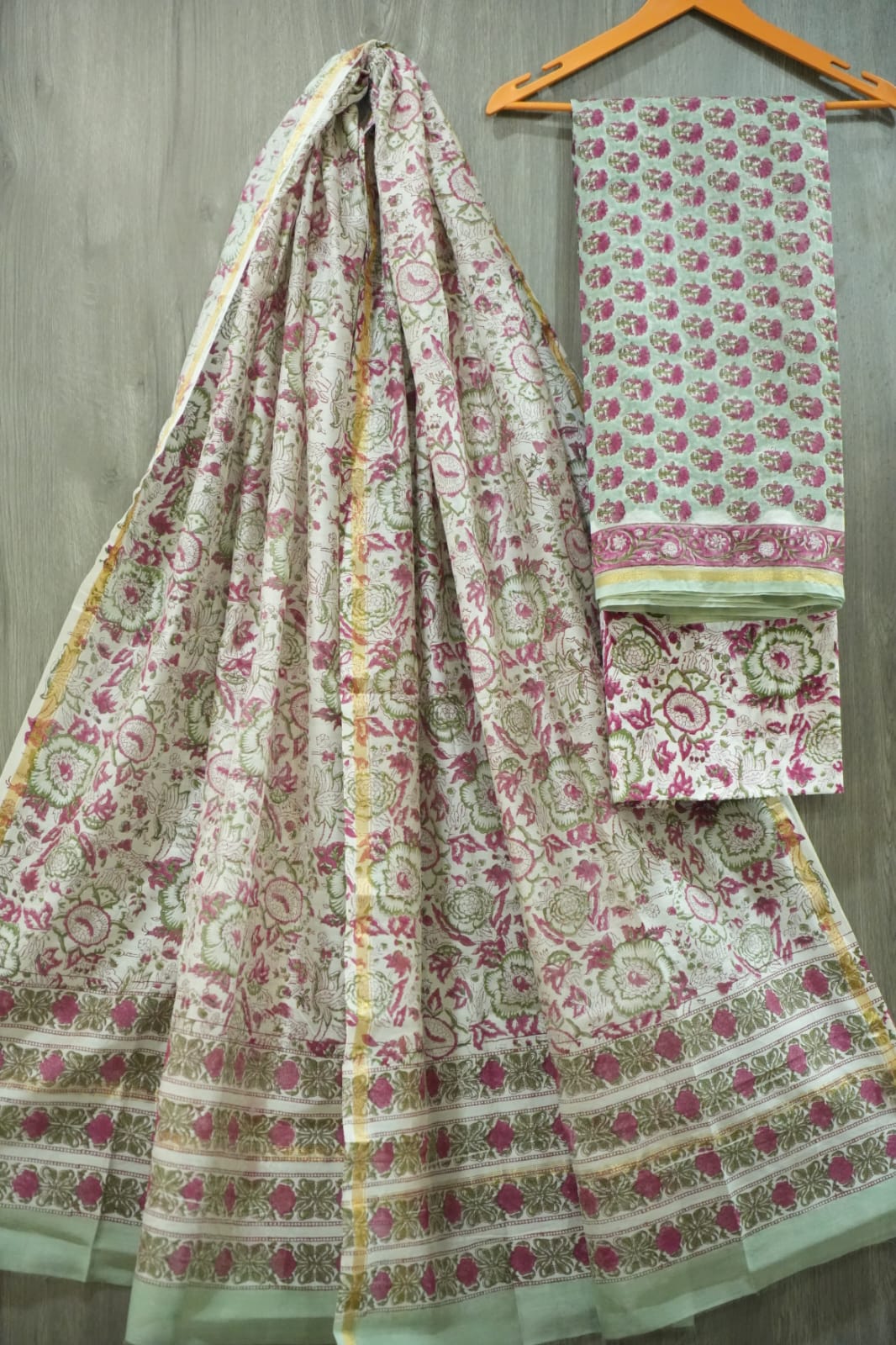 Mint Green & Magenta Floral Jaal Hand Block Print Chanderi Silk Dress Material (MVCHS50)