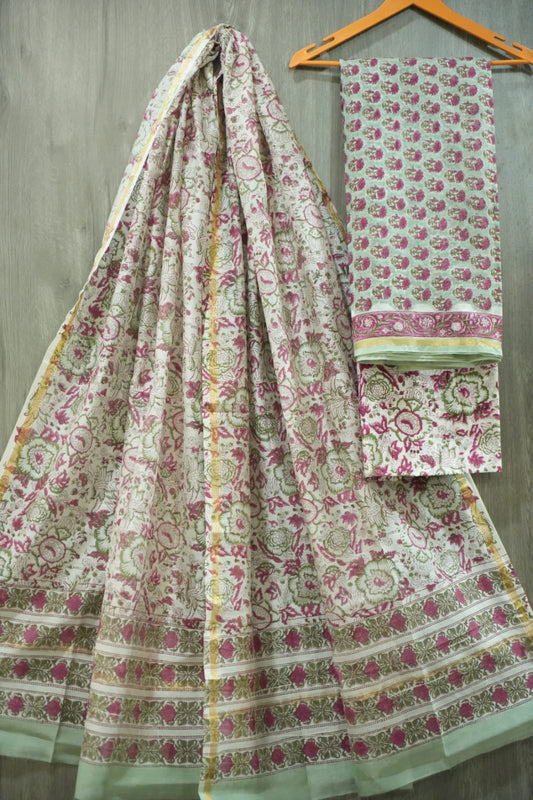 Mint Green & Magenta Floral Jaal Hand Block Print Chanderi Silk Dress Material (MVCHS50)