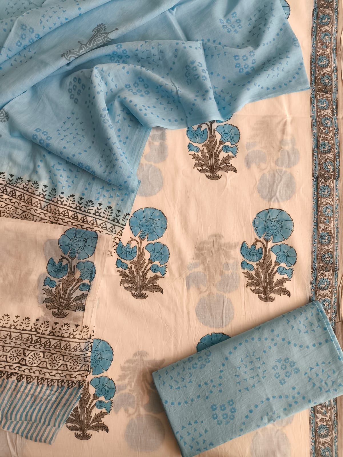 Sky Blue Floral Hand Block Cotton Unstitched Suit Set with Printed Dupatta (MVCOT42)