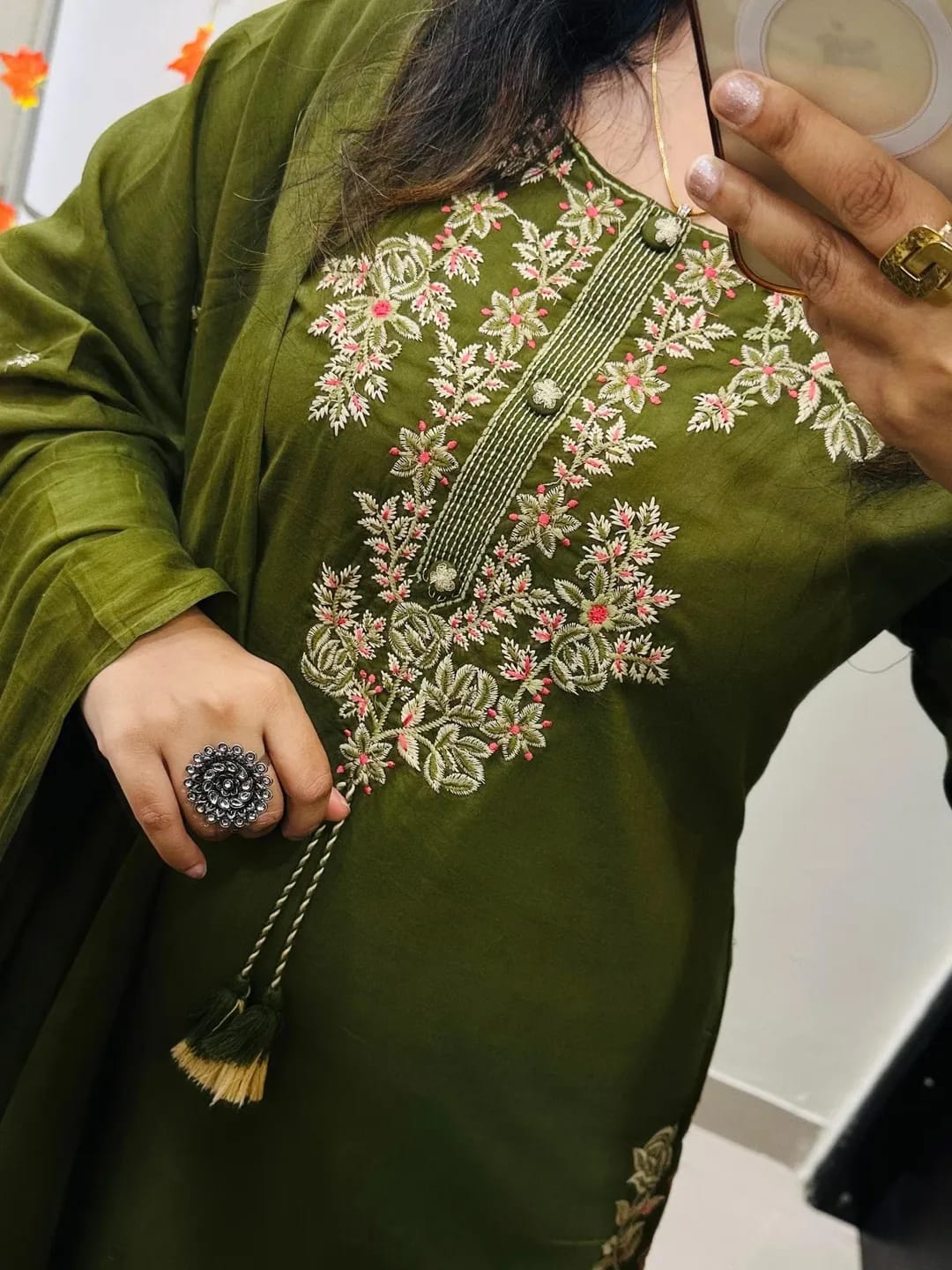 Olive Green Heavy Embroidery Silk Kurti Palazzo Dupatta Set